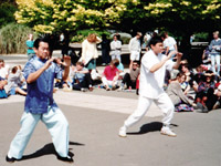 Professor Yek and Michael Yek demonstrate tai chi at Massey University in 1991